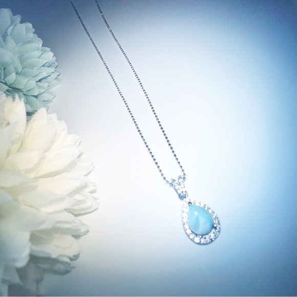 Natural Larimar CZ Diamond Dainty Sparkly Pendant Necklace Sterling Silver 925 - Picture 13 of 13